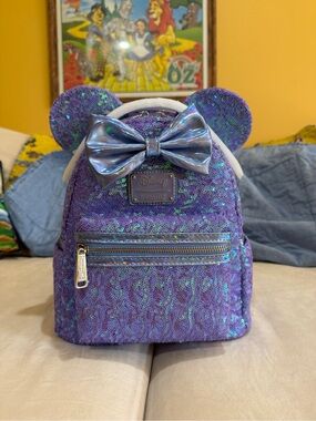 Loungefly Iridescent Purple Sequin Minnie Ear Mini Backpack with Holographic Bow